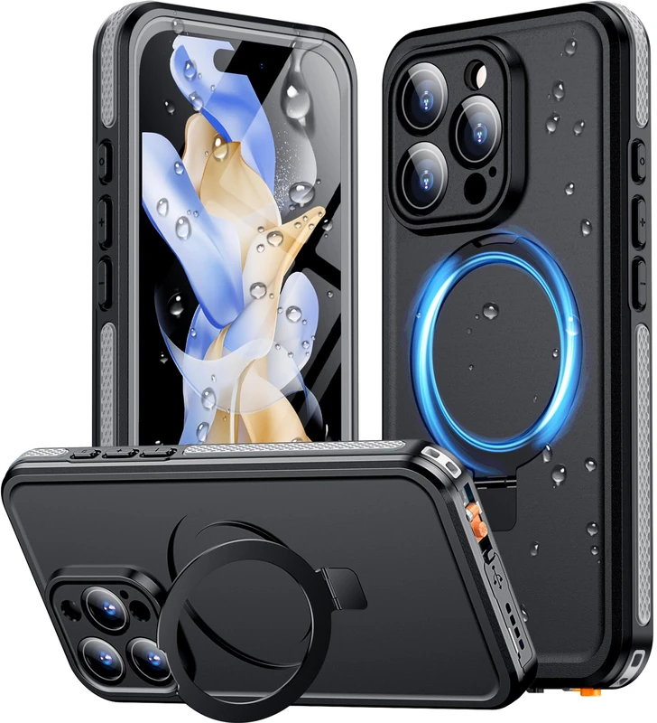 Temdan Magnetic for iPhone 16 Pro Case Waterproof, [Built-in Ring Invisible Stand & Screen Protector][IP68 Underwater][Dropproof][Dustproof][Real 360] Shockproof Protective Phone Case 6.3'' -Grey