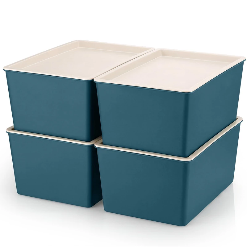 Menkxi 4 Pcs Storage Bins with Lids Plastic Stackable Containers for Classroom Room Organizing Shelves Christmas Ornament Box Baskets(Blue,Large)