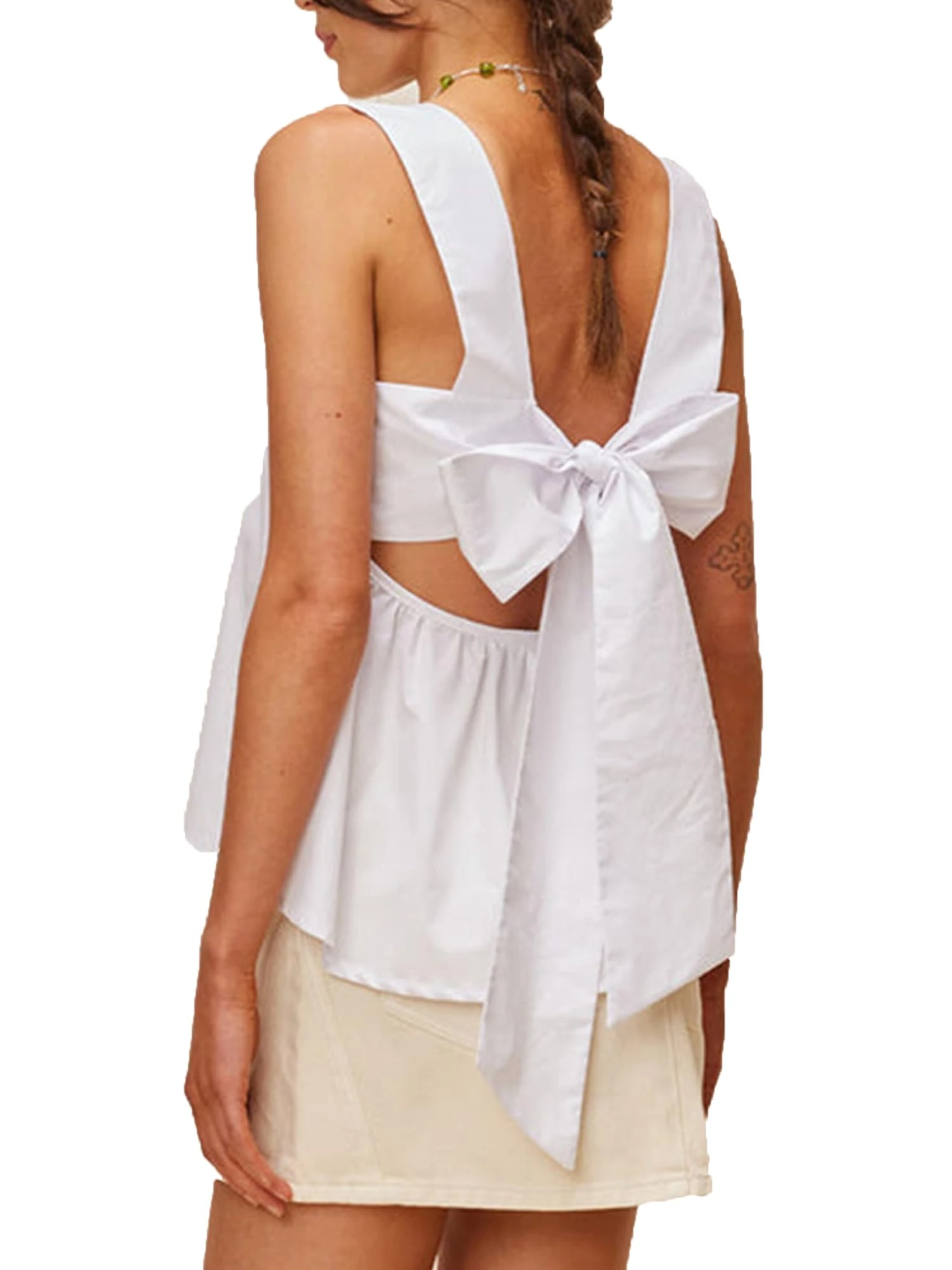 Women Ruffle Hem Peplum Tank Tops Summer Sleeveless Plaid Tie Back Crop Top Gingham Camisole Square Neck Backless Vest (Solid White, S)