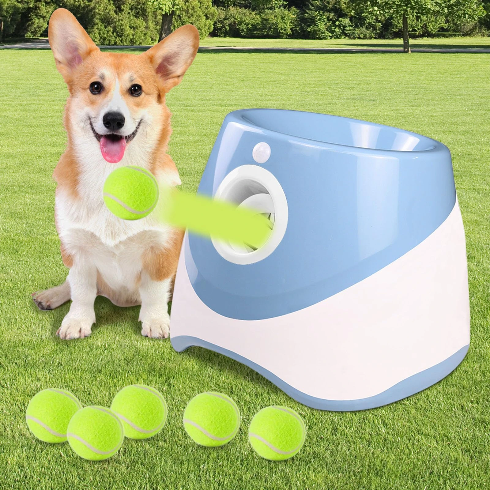 Polegas Automatic Dog Ball Launcher, Balls Thrower with 6 Pcs 2" Tennis, Throwing Machine with 10-30 ft Throw Distance, for Small and Medium Size Dogs, Interactive Pet Toy for Training