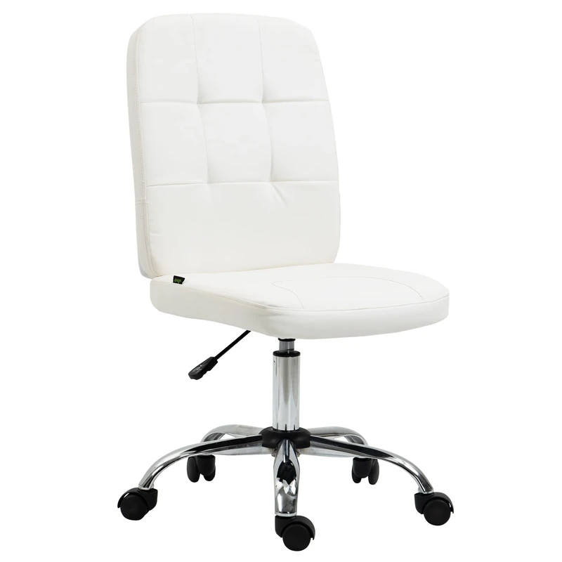 Vinsetto Armless Office Chair, Faux Leather Desk Chair with Adjustable Height, Button Tufted, White