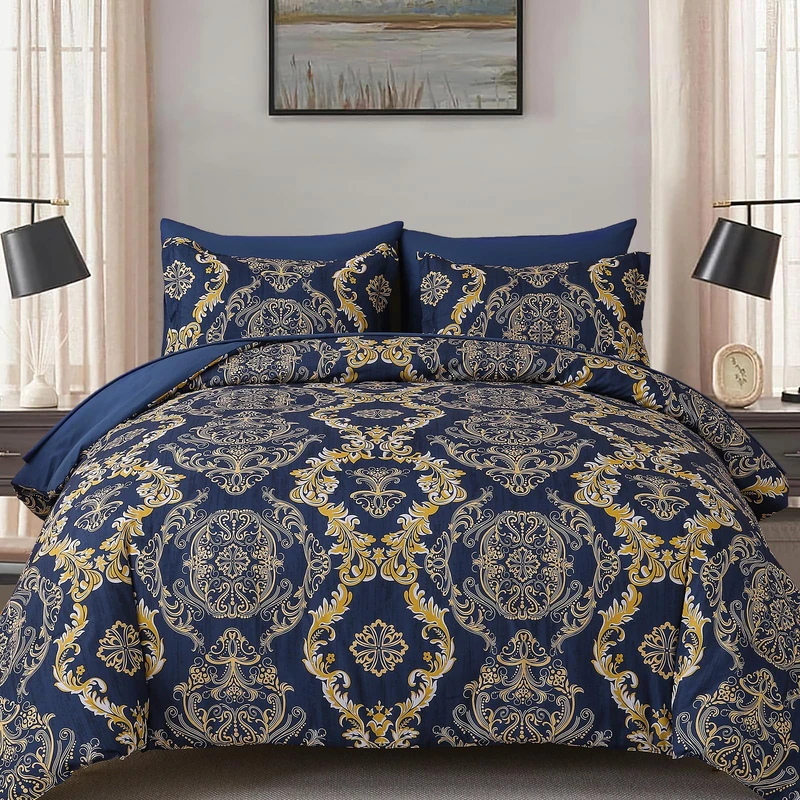 WONGS BEDDING Blue Gold Comforter Set King Size, Damask Texture 7 Pieces Bed in a Bag Microfiber Comforter Bedding Sets -1 Comforter, 1 Flat Sheet, 1 Fitted Sheet, 2 Pillow Shams, 2 Pillowcases