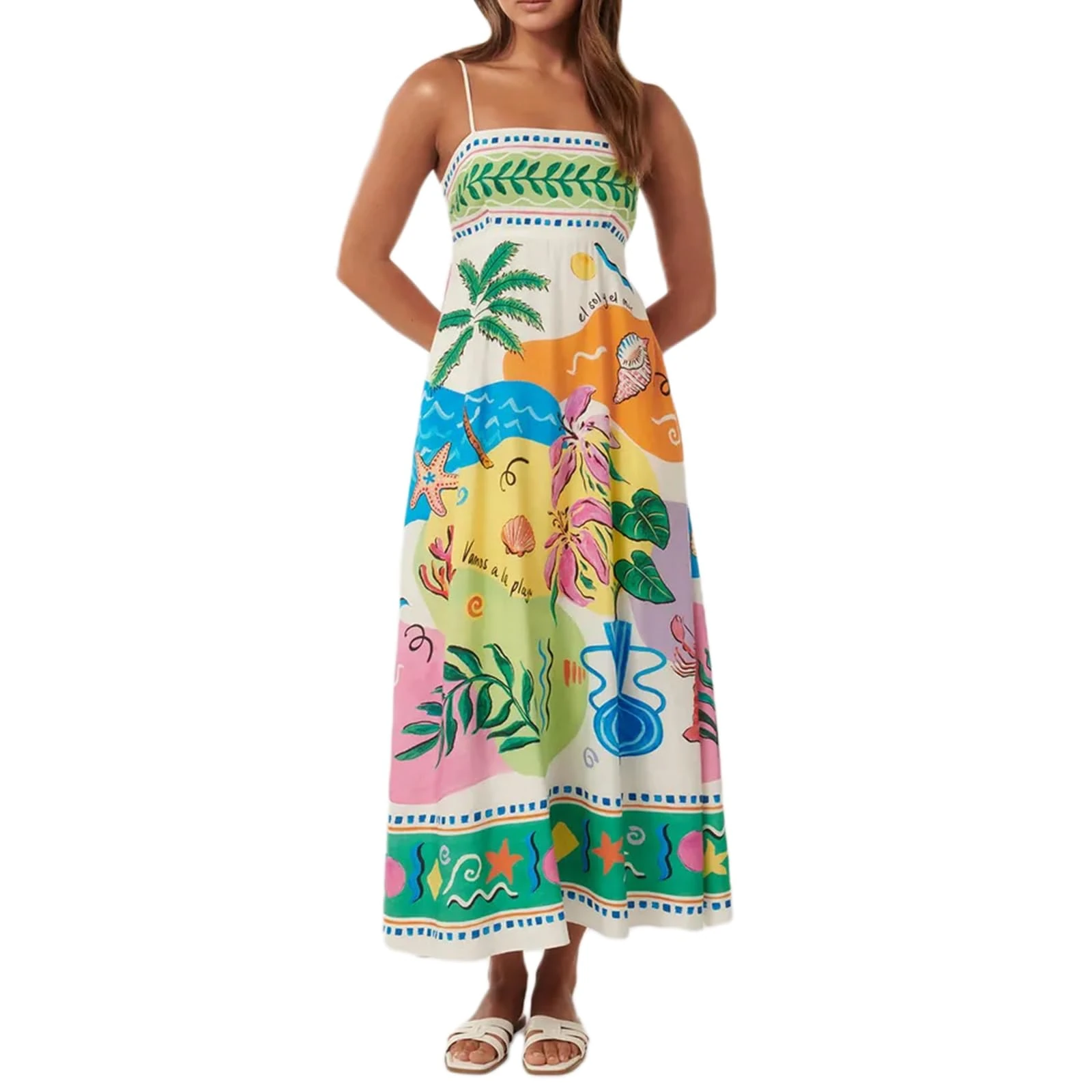 Qianderer Women Cute Print Maxi Cami Dress Loose Sleeveless Spaghetti Strap Boho Dress Flowy Graffiti Beach Long Aline Sun Dress (Green, M)