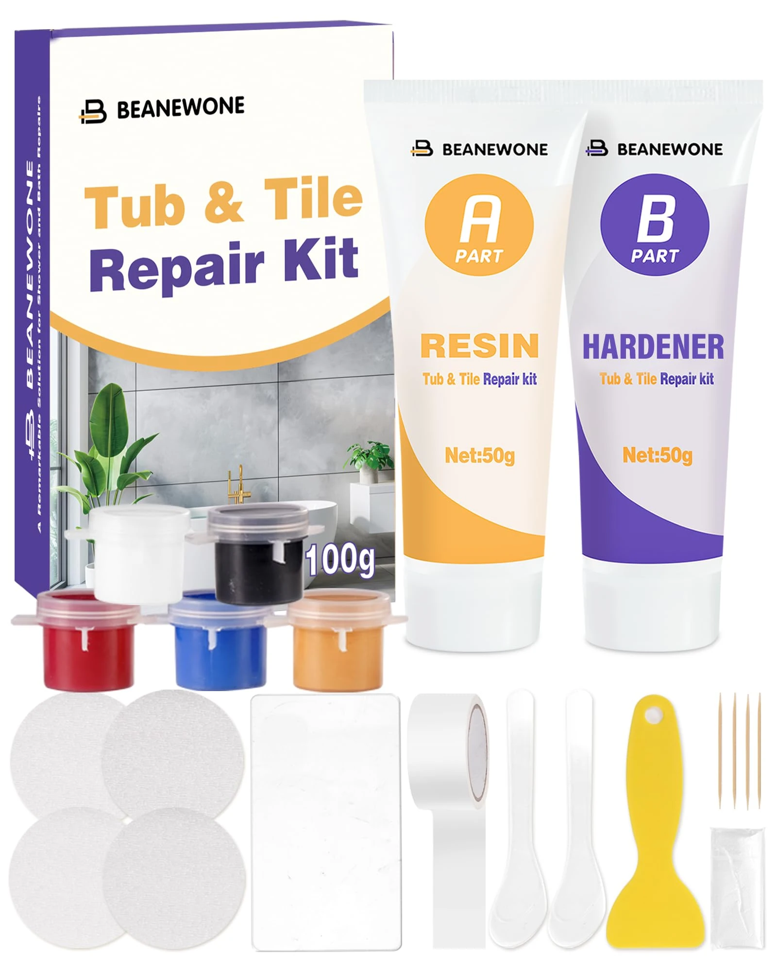 Beanewone Shower Tray Repair Kits, Tile Repair Kit for Porcelain and Ceramic Fixtures to Repair Chips, Dents, Nicks and Cracks (Multi Colours)