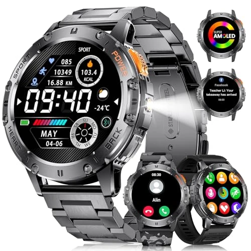 FOXBOX Military Smart Watch for Men with Flashlight (Answer/Make Calls), 1.43" AMOLED Rugged Smartwatch, 530mAh Battery, IP68 Waterproof Heart Rate SpO2 Sleep Monitor Fitness Tracker for iOS Android
