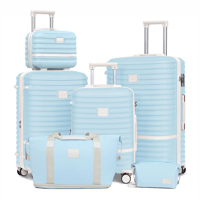 Joyway 6 Piece Luggage Set, 13/20/24/28 inch Spinner Wheels, Hardside Expandable Travel Luggage with TSA Lock, Lightblue Beige