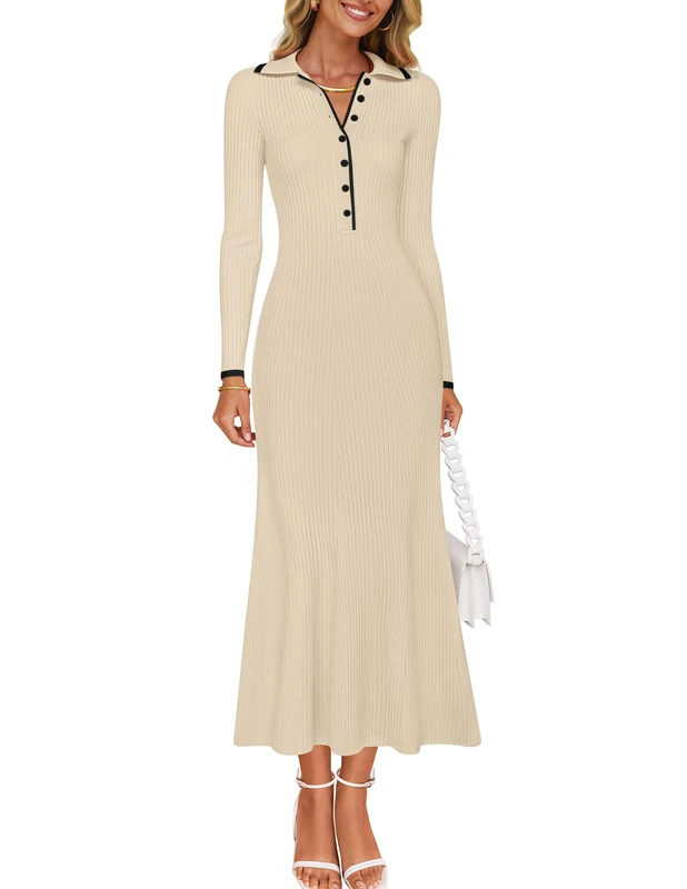 ZESICA Women's Long Sleeve Sweater Dress 2026 Fall V Neck Ribbed Knit Casual Formal Cocktail Bodycon Maxi Dresses, Apricot, L