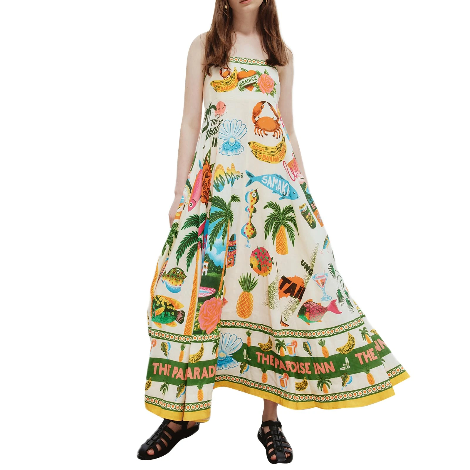 Qianderer Women Cute Print Maxi Cami Dress Loose Sleeveless Spaghetti Strap Boho Dress Flowy Graffiti Beach Long Aline Sun Dress (Multicolor, M)