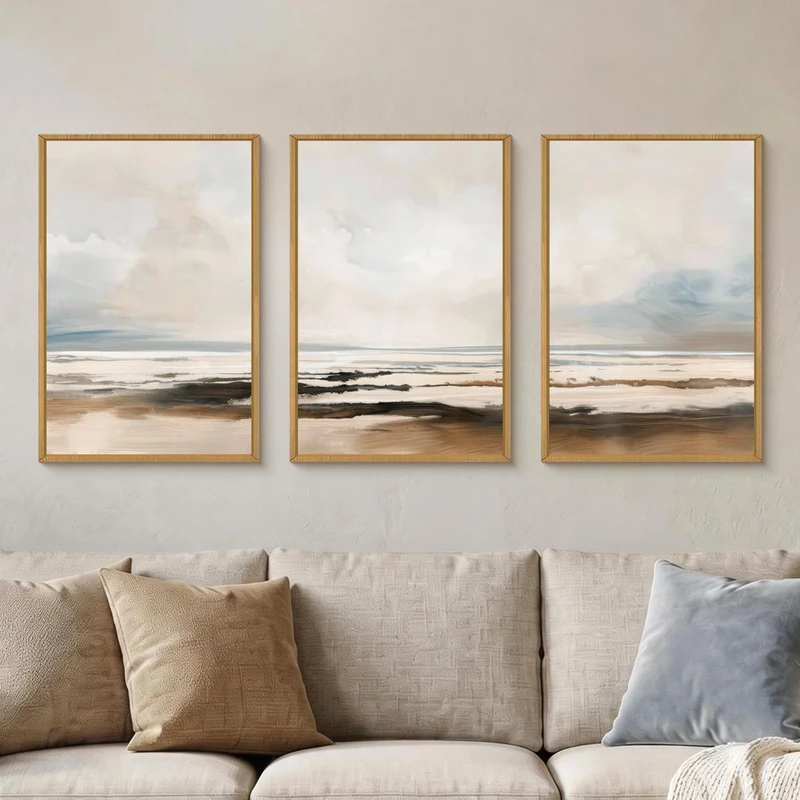 HOURIA Large Neutral Abstract Gray Framed Wall Art Set,Minimalist Modern Beige Brown Landscape Wall Decor,Wilderness Filed Artwork,Watercolor Misty Lake Print for Living Room,Bedroom,Office-16 x24 x3