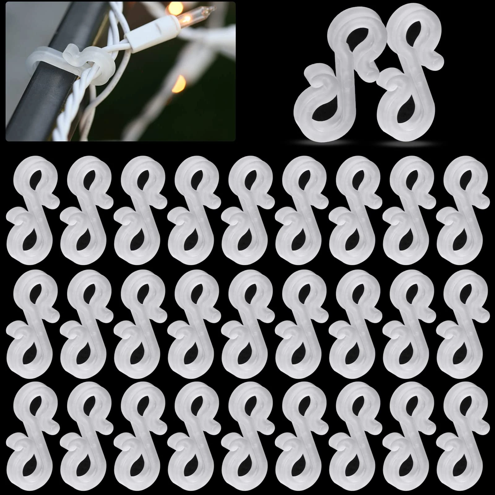 Weysoo Hooks - 30pcs Gutter Clips, Sturdy Reusable Plastic Hooks for Xmas Decoration and Outdoor String Lights