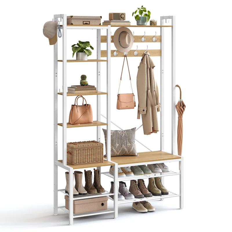 VASAGLE Hall Tree with Bench and Shoe Storage, Hallway Coat Rack with Shoe Bench and 5 Storage Shelves, 9 Coat Hooks and 6 Side Hooks, 140 x 120 x 190 cm, Golden Oak and Cloud White HSR426Y01