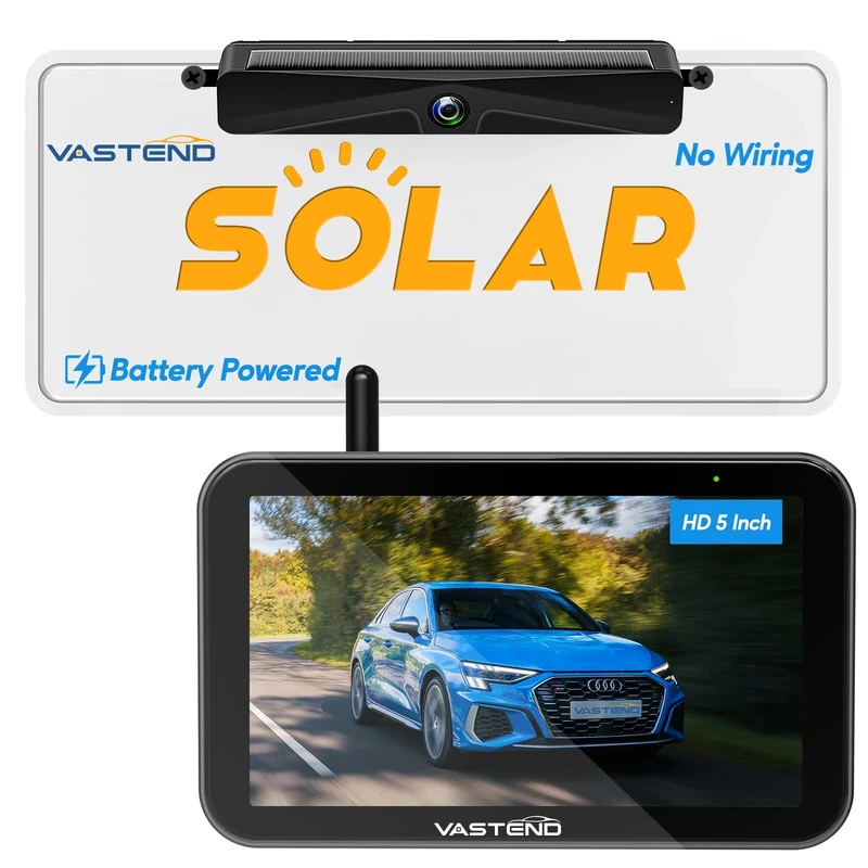 VASTEND Solar Reversing Camera Wireless, Rear View Camera with 5" 1080P Monitor, 4800mAh Backup Camera, 150° Wide Angle, IP69 Waterproof, Reverse Camera for Car, Pickup, SUV(VS-5A)