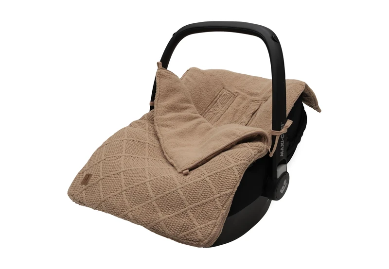 Jollein Footmuff Check Knit, Biscuit - for Baby Car Seat Group 0+ and Pushchair - for 3-Point and 5-Point Harness - Knitting Pattern and Fleece Lining
