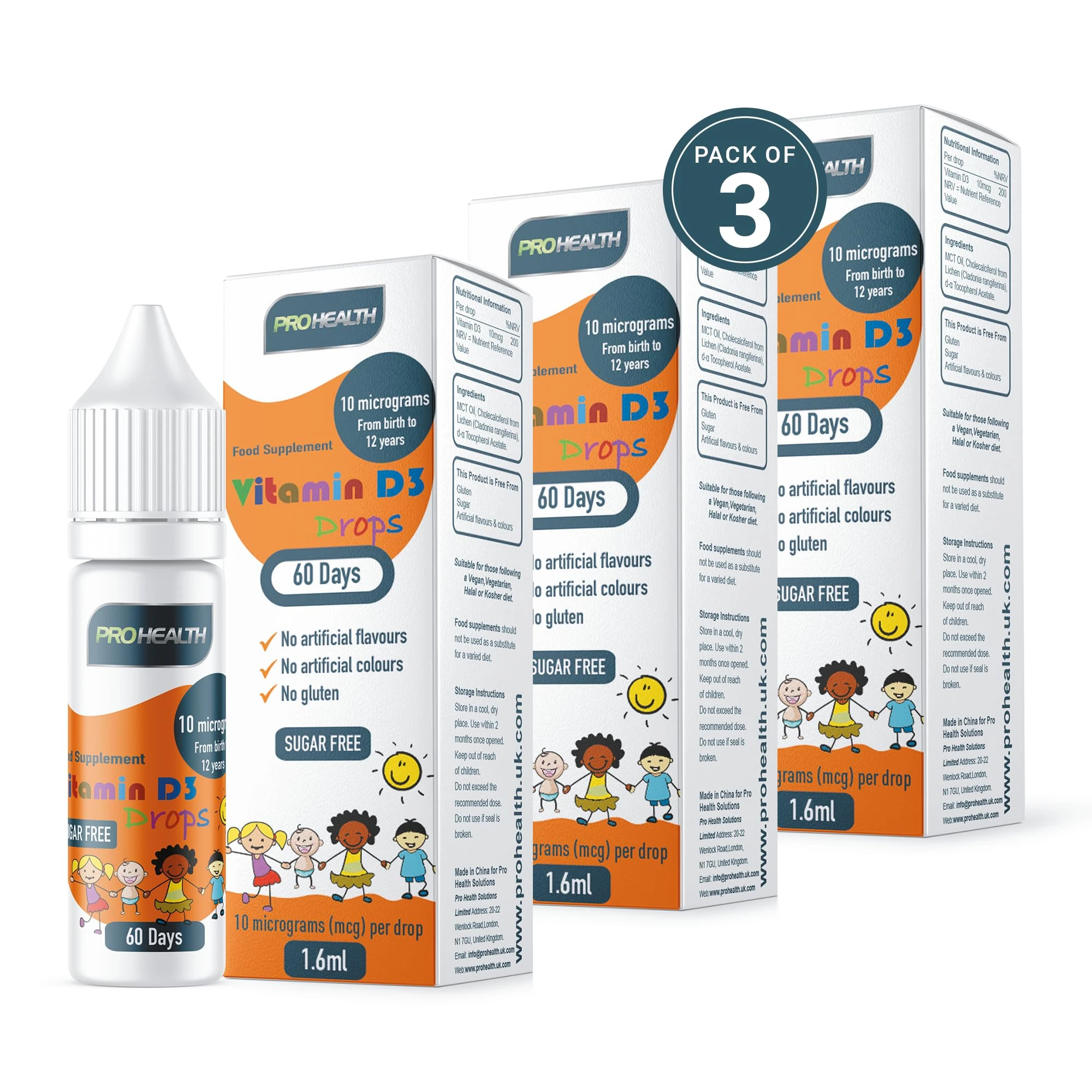 ProHealth 10 UG 3 x 60 Drops - Vegan Vitamin D3 Supplement for Babies and Young Children (Pack of 3)