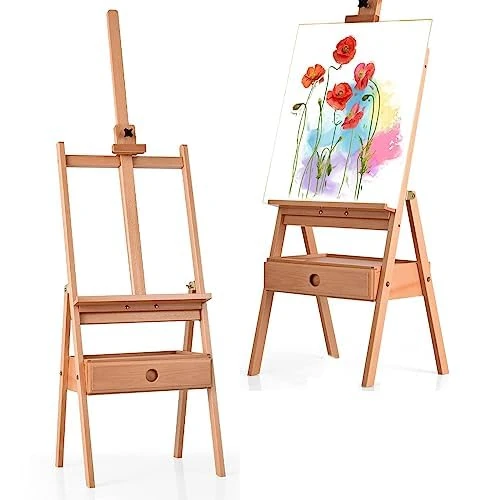 Artist Easel with Shelf and Drawer, Easel Beech Wood, Adjustable Standing Easel, Studio Easel for Canvases up to 92 cm, Floor Easel
