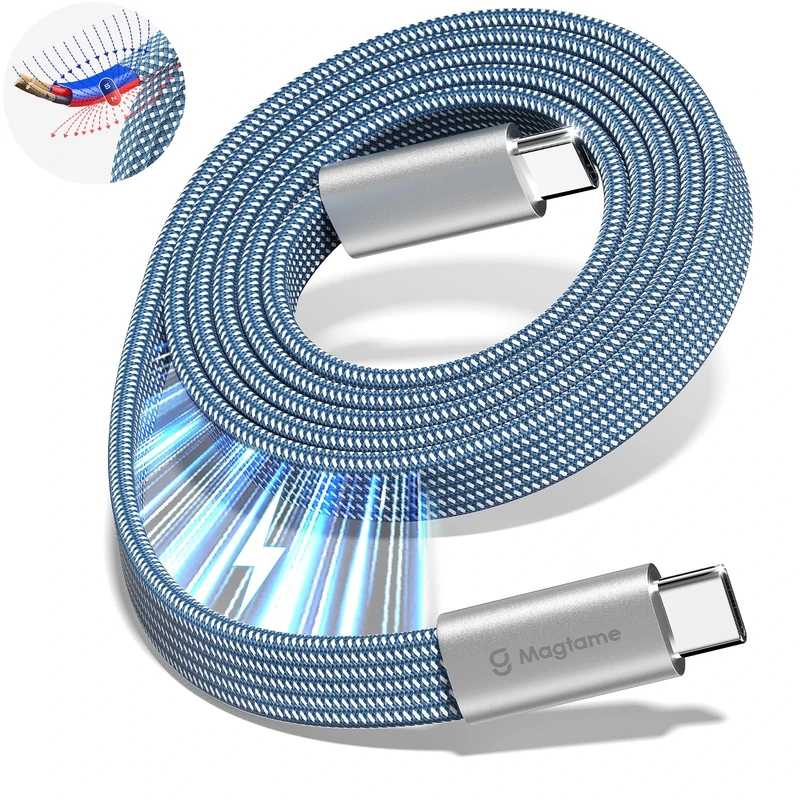 Magtame Flat 240W Magnetic USB C to USB C Cable, 1.5M 5A Nylon Braided Fast Charging Type C Cable for iPhone 15/15 Pro/20 Pro Max, Samsung, MacBook