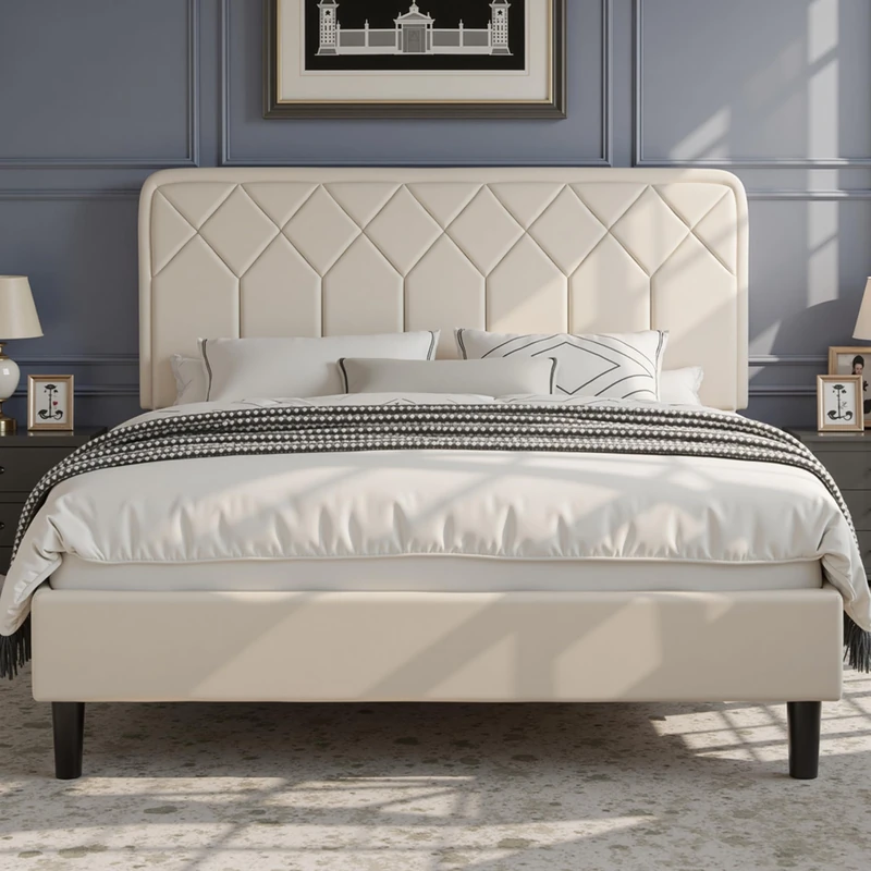 VECELO Padded Double Bed, 140 x 190 cm, Platform Base, Solid Wood Slatted Base, No Box Spring Needed, Velvet Fabric, Easy to Assemble, Beige - Image 1