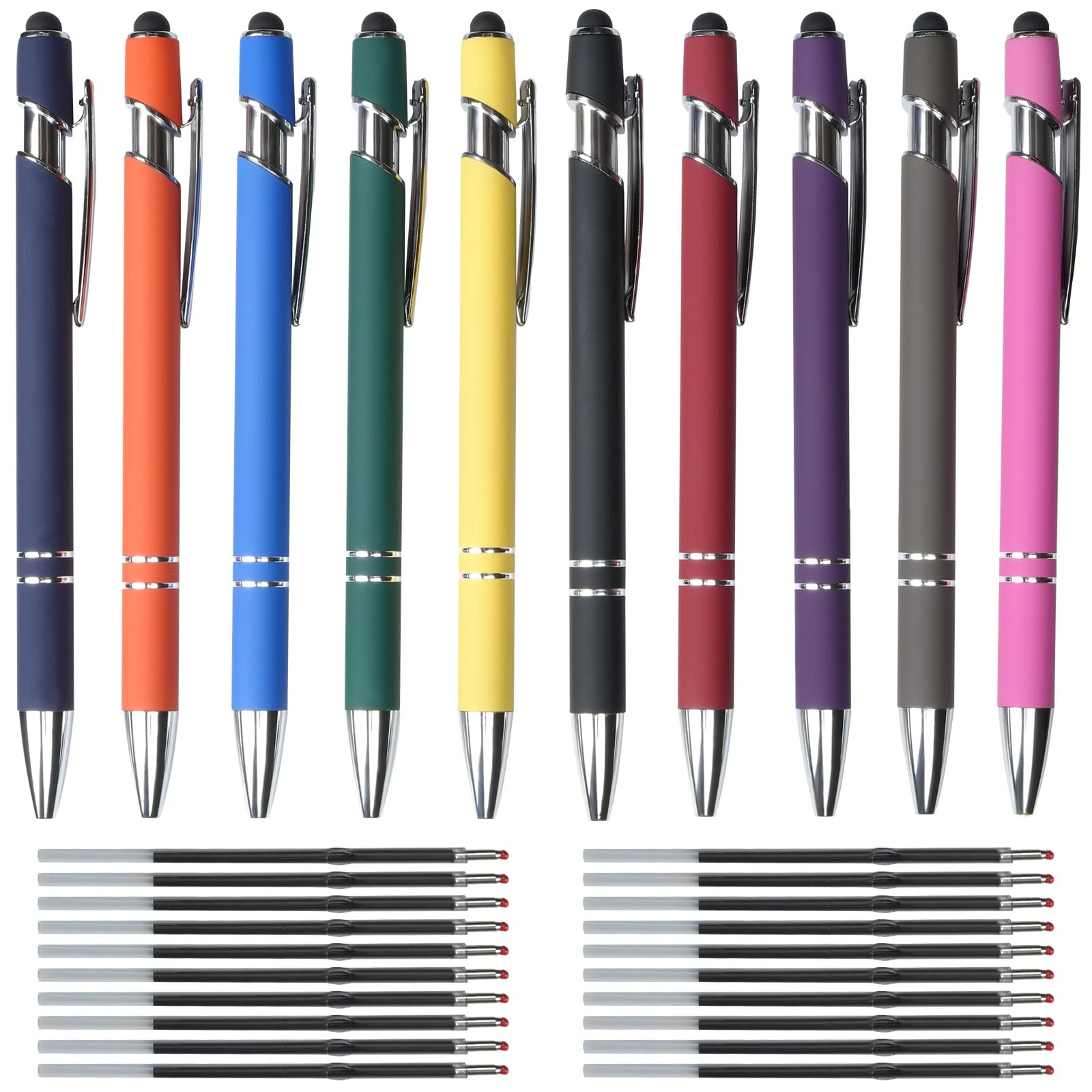 Hengxinc 10 pcs Ballpoint Pens Retractable Multipack with Stylus Tip, 2 in 1 Durable Pens with 20 pcs Refills, Ergonomic Black Ink Pens Set, Funny Pens for Work Colleagues Women Men Office Gift