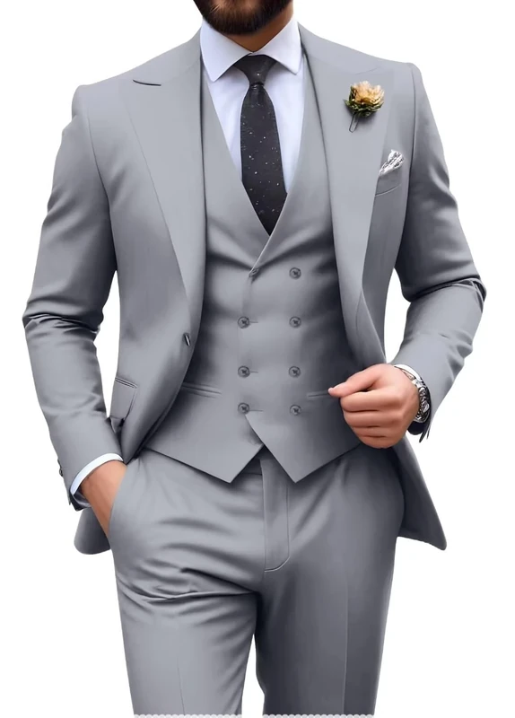 Mens Suit Slim Fit 3 Piece Double Breasted Suit Men Formal Tuxedo Set Casual Wedding Prom Groom Suits, 3pcs-Grey, XL