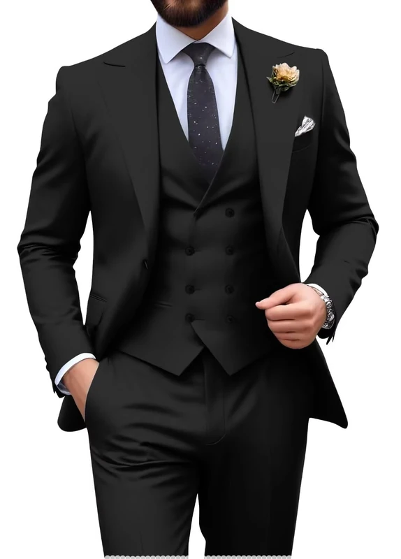Mens Suit Slim Fit 3 Piece Double Breasted Suit Men Formal Tuxedo Set Casual Wedding Prom Groom Suits, Black, L