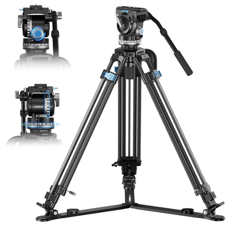 SIRUI SQ75+VHS10 Carbon Fiber Video Tripod Kit, Professional Heavy Duty Fluid Head Tripod, 182cm with 7-Step Counterbalance, 4-Step Pan/Tilt Hydraulic Damping, Both for RS Series & MFT, Max Load 10kg