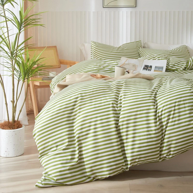mixinni Striped Comforter Set Full Size - Green White Stripes Pattern Bed Set for All Season, 3 Pieces Lightweight Bedding Sets for All Seasons (1 Soft Fluffy Comforter + 2 Pillowcases)
