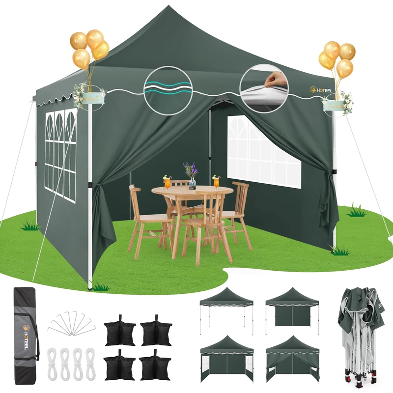 HOTEEL Folding Gazebo 3 x 3 Waterproof Stable Pop Up Gazebo Foldable 3 x 3 m Winterproof Party Tent with 4 Side Walls, 4 Sandbags, 4 Ropes, 4 Pegs, Thickened 0.6 mm Edge Pole, 310 cm High, Grey