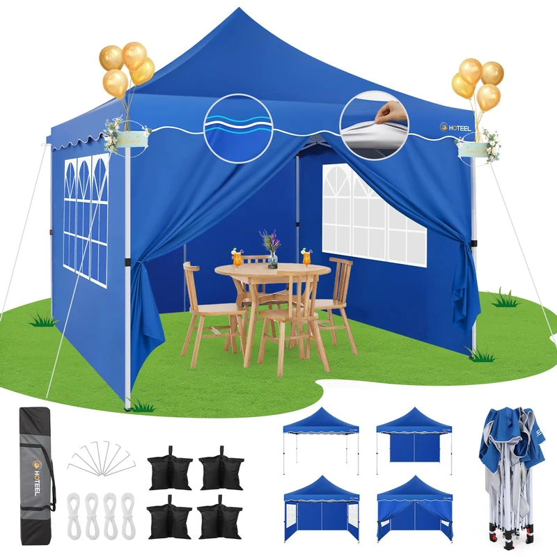 HOTEEL Folding Gazebo 3 x 3 Waterproof Stable Pop Up Gazebo Foldable 3 x 3 m Winterproof Party Tent with 4 Side Walls, 4 Sandbags, 4 Ropes, 4 Pegs, Thickened 0.6 mm Edge Pole, 310 cm High, Blue