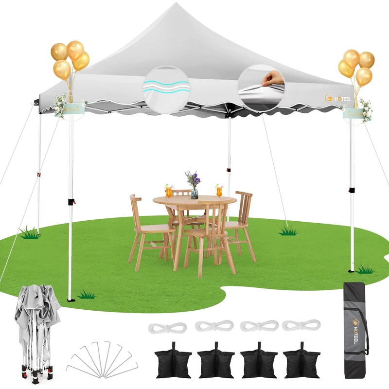 HOTEEL Folding Gazebo 3 x 3 Waterproof Stable Pop Up Gazebo Foldable 3 x 3 m Winterproof Party Tent with 4 Sand Bags, 4 Ropes, 4 Pegs and Wavy Edge, Thickened 0.6 mm Cross Tubes, 310 cm High, White