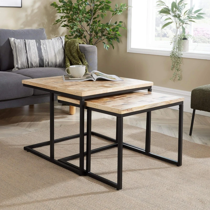 Home Source Set 2 Mango Wood Square Nesting Tables, Metal Frame