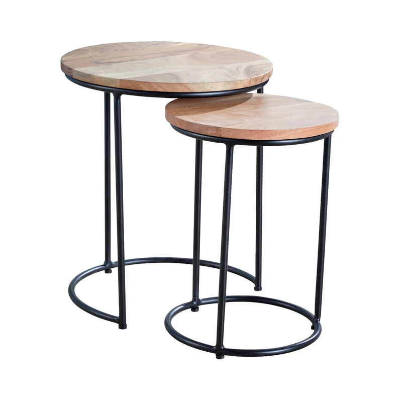 Home Source Acacia Wood Nest 2 Round Tables, Black Metal Frame
