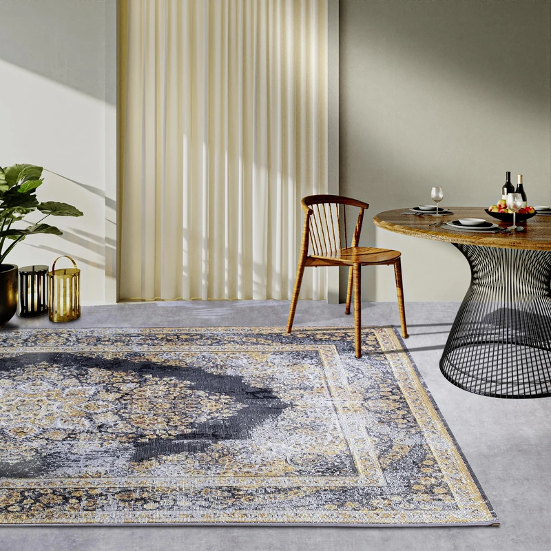 Villeroy & Boch Martha Indoor and Outdoor Rug Oriental - Oriental Flat Weave, Classic Design Vintage, Oeko-Tex Weatherproof & UV-Resistant for Balcony, Patio, Garden - Anthracite Gold, 120 x 180 cm
