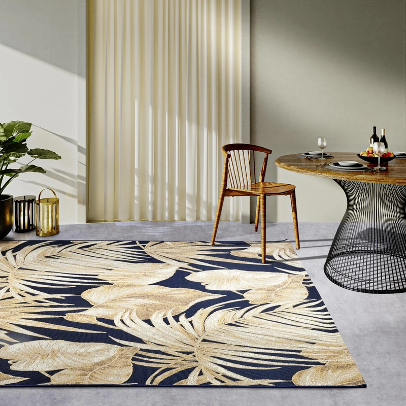 Villeroy & Boch Oktavie Indoor and Outdoor Rug Modern - Flatweave Outdoor Rug, Palm Leaves Design, Oeko-Tex Weatherproof & UV-Resistant for Balcony, Patio, Garden - Dark Blue Gold, 160 x 235 cm