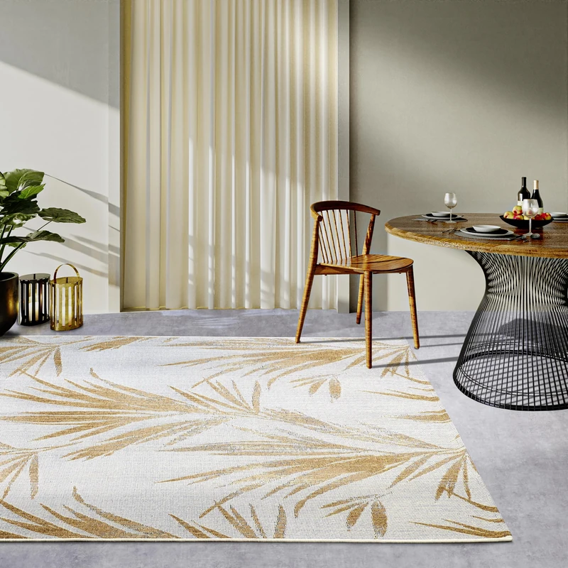 Villeroy & Boch Leonie Indoor & Outdoor Rug Modern - Flat Weave Outdoor Rug, Palm Leaves Design, Oeko-Tex Weatherproof & UV-Resistant for Balcony, Patio, Garden - Cream Gold, 160 x 235 cm