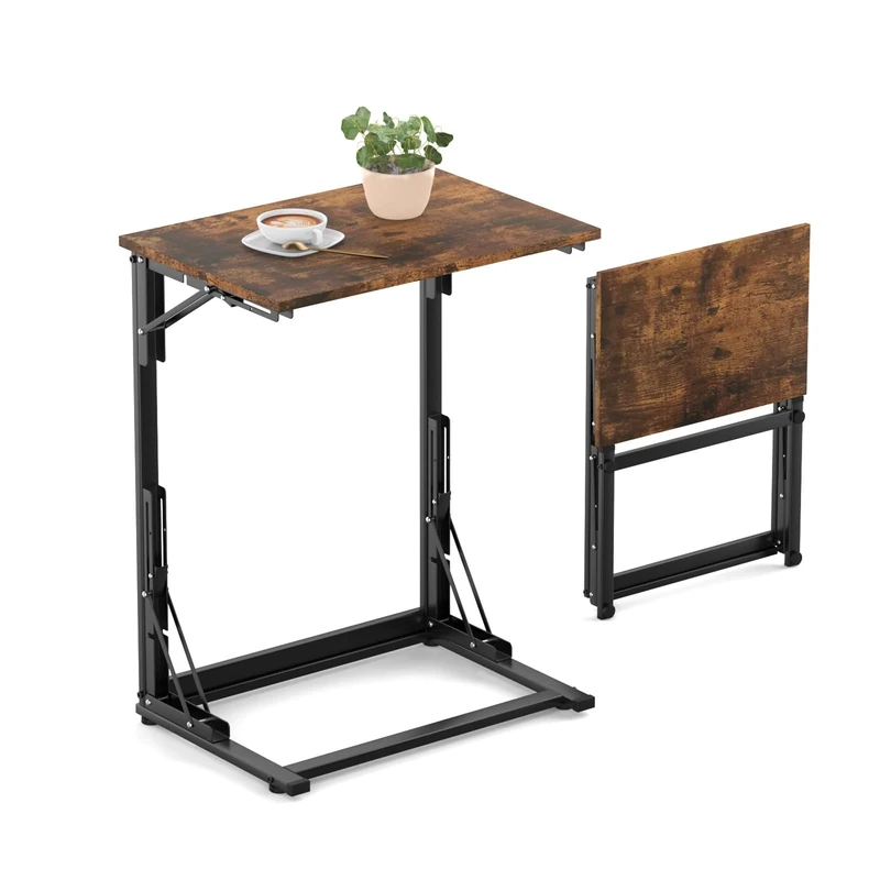 MOXYOY C-Shaped Side Table,Foldable Laptop Table,Sturdy Steel Frame Base Support,Easy to Assemble,Suitable for Living Room,Bedroom,Bathroom,Balcony, Rustic Brown