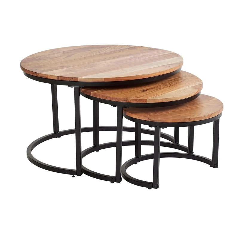 Home Source Acacia Wood Nest 3 Round Tables, Black Metal Frame
