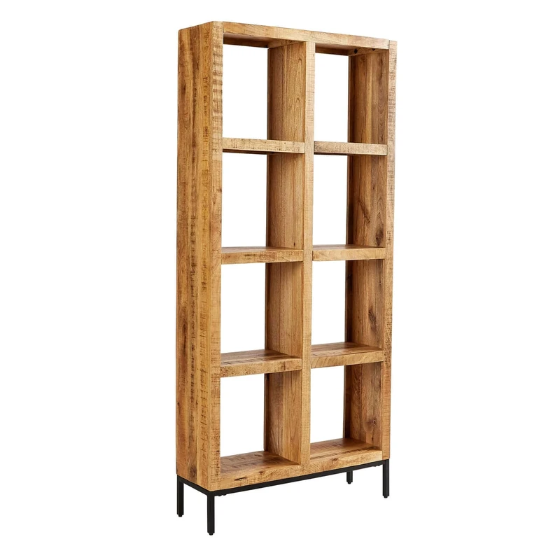 Home Source Tall Mango Wood 8 Shelf Cube Bookcase Storage Unit, Black Metal Legs, 175cm