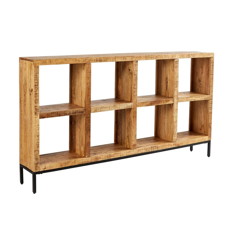 Home Source Wide Mango Wood 8 Shelf Cube Bookcase Storage Unit, Black Metal Legs, 172cm