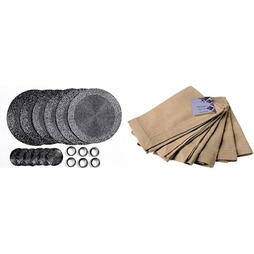 Penguin Home Set of 24 Beaded Placemat coaster Napkin Rings and Cotton Napkins-Black/Beige
