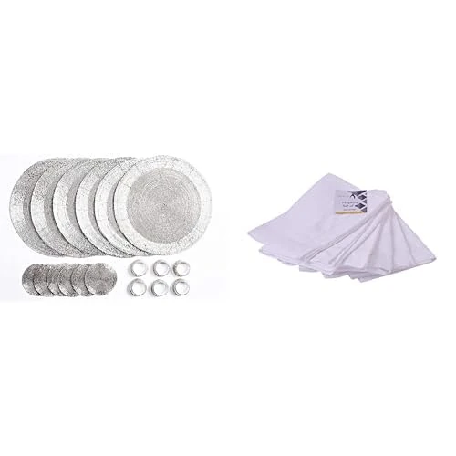 Penguin Home Set of 24 Beaded Placemat coaster Napkin Rings and Cotton Napkins-Silver/Full White