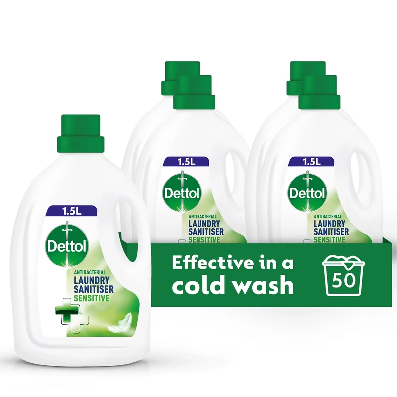 Dettol Antibacterial Laundry Sanitiser, Fragrance Free, 1.5L (4 x 1.5L, Total 6.0L), For Sensitive Skin, Gentle Cleanser, Effective Hygiene Solution, Disinfectant, Kills 99.9 Percent of Germs