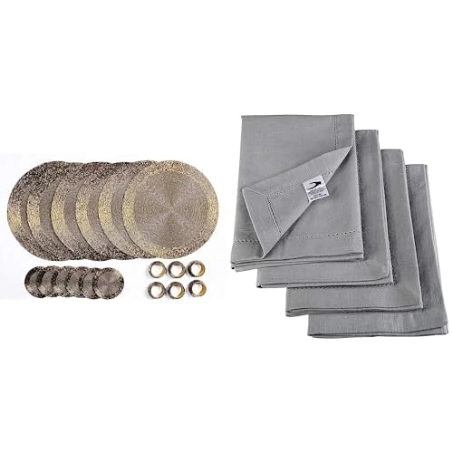 Penguin Home Set of 24 Beaded Placemat coaster Napkin Rings and Cotton Napkins-Antique Gold/Grey