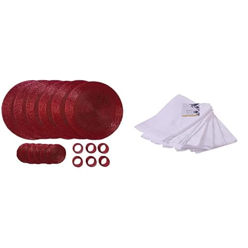 Penguin Home Set of 24 Beaded Placemat coaster Napkin Rings and Cotton Napkins-Red/Full White