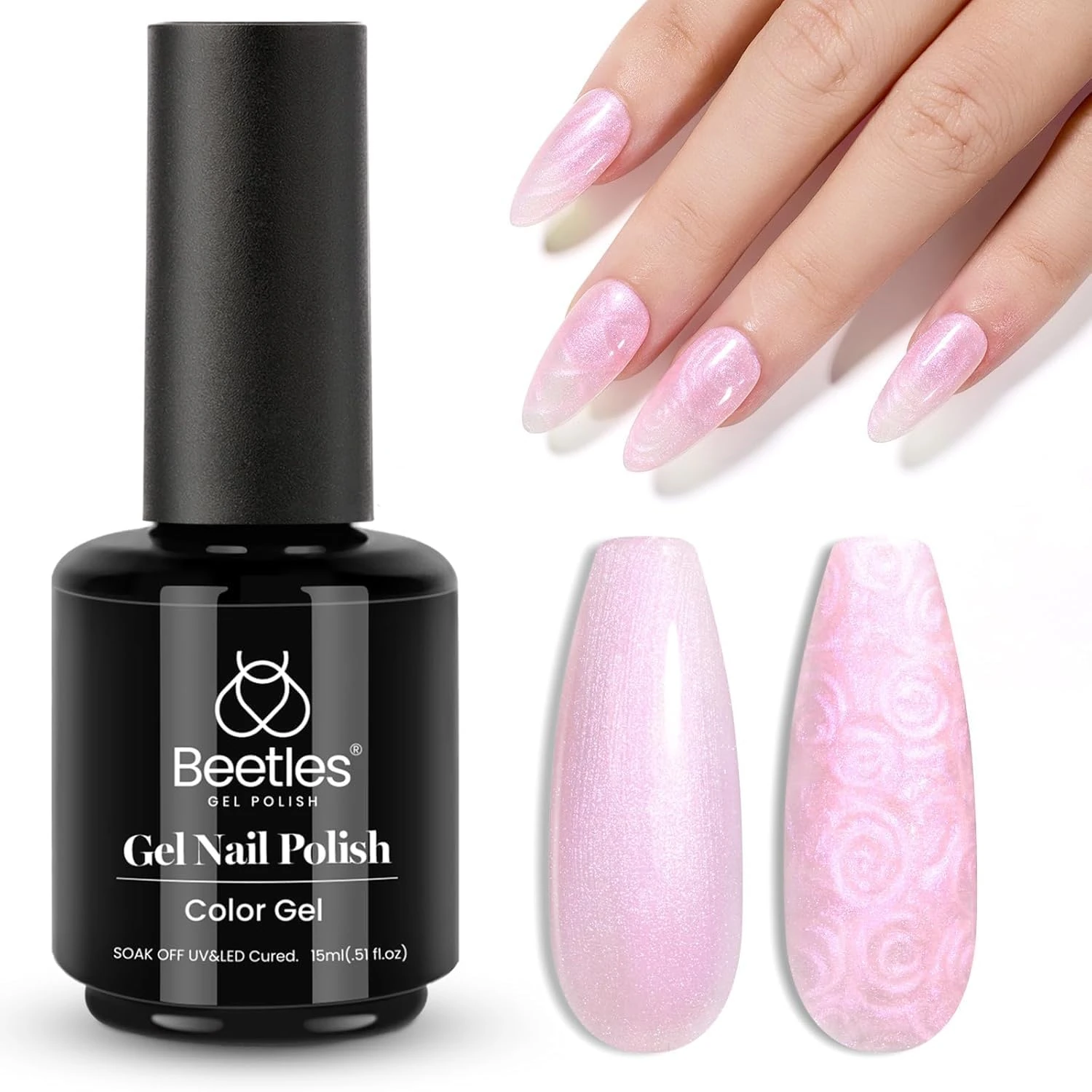 Beetles Pearl Gel Nail Polish 15ml Pink Gel Polish Shimmer Pearlescent Shell Glitter Nail Gel Polish Iridescent Soak off Uv Led Manicure Salon Nail Art Design Gift for Girls Women-CL591-RE