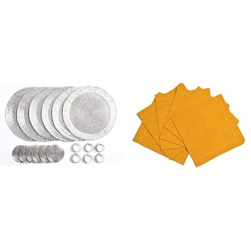 Penguin Home Set of 24 Beaded Placemat coaster Napkin Rings and Cotton Napkins-Silver/Ochre