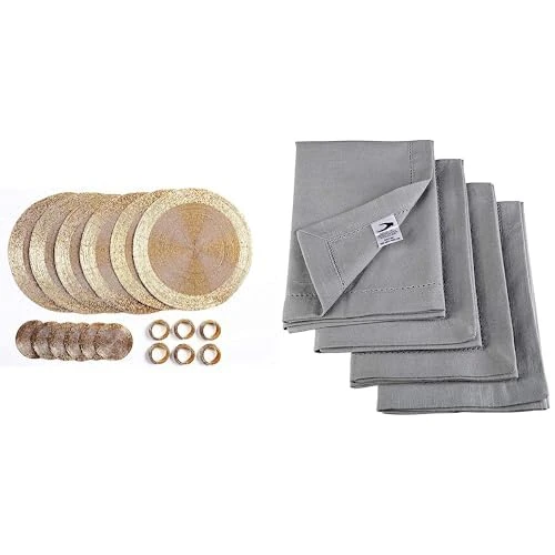 Penguin Home Set of 24 Beaded Placemat coaster Napkin Rings and Cotton Napkins-Gold/Grey