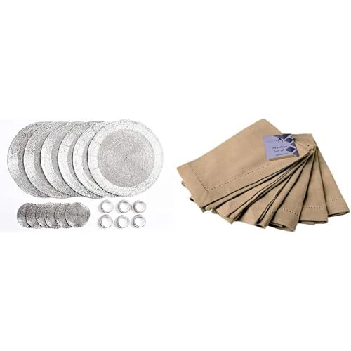 Penguin Home Set of 24 Beaded Placemat coaster Napkin Rings and Cotton Napkins-Silver/Beige