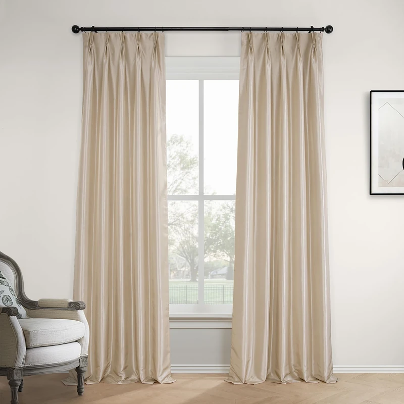 HPD Half Price Drapes Faux Silk Taffeta Blackout Curtains for Bedroom 108 Inches Long (1 Panel), 25W x 108L Pleated Curtains for Living Room Home Decor, Antique Beige