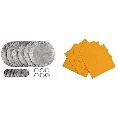 Penguin Home Set of 24 Beaded Placemat coaster Napkin Rings and Cotton Napkins-Antique Silver/Ochre