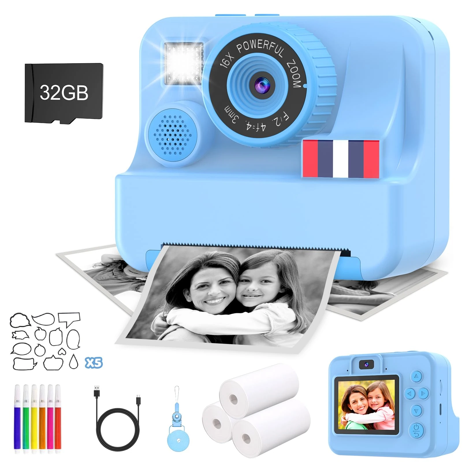 Yosfeng Kids Camera Instant Print with 32GB Card, 2.4 Inch IPS Screen 1080P Children Digital Cameras, Age 3-12 Christmas Birthday Toys for 3 4 5 6 7 8 9 10 11 12 Years Old Boys Gifts (Blue)